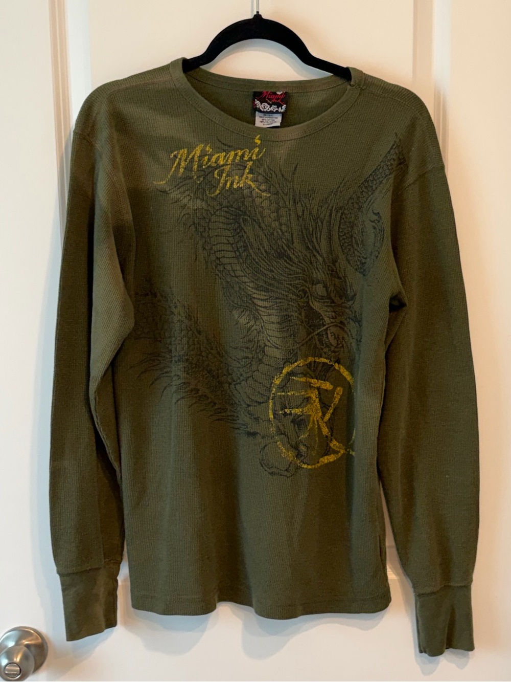 VTG Y2K Miami Ink Shirt XL 2008 Thermal Long Sleeve Tattoo Graphic Waffle